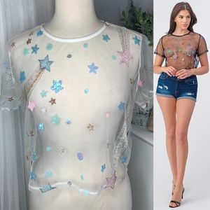 Sheer Mesh Star 💫 Embroidered Crop Top